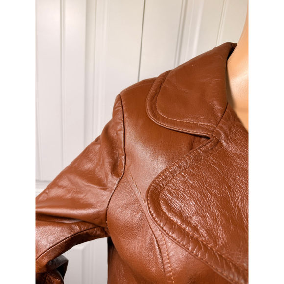 Vintage 70s Caramel Brown Genuine Leather Long Coat Women's Trench Retro 12 Edgy - Picture 4 of 16